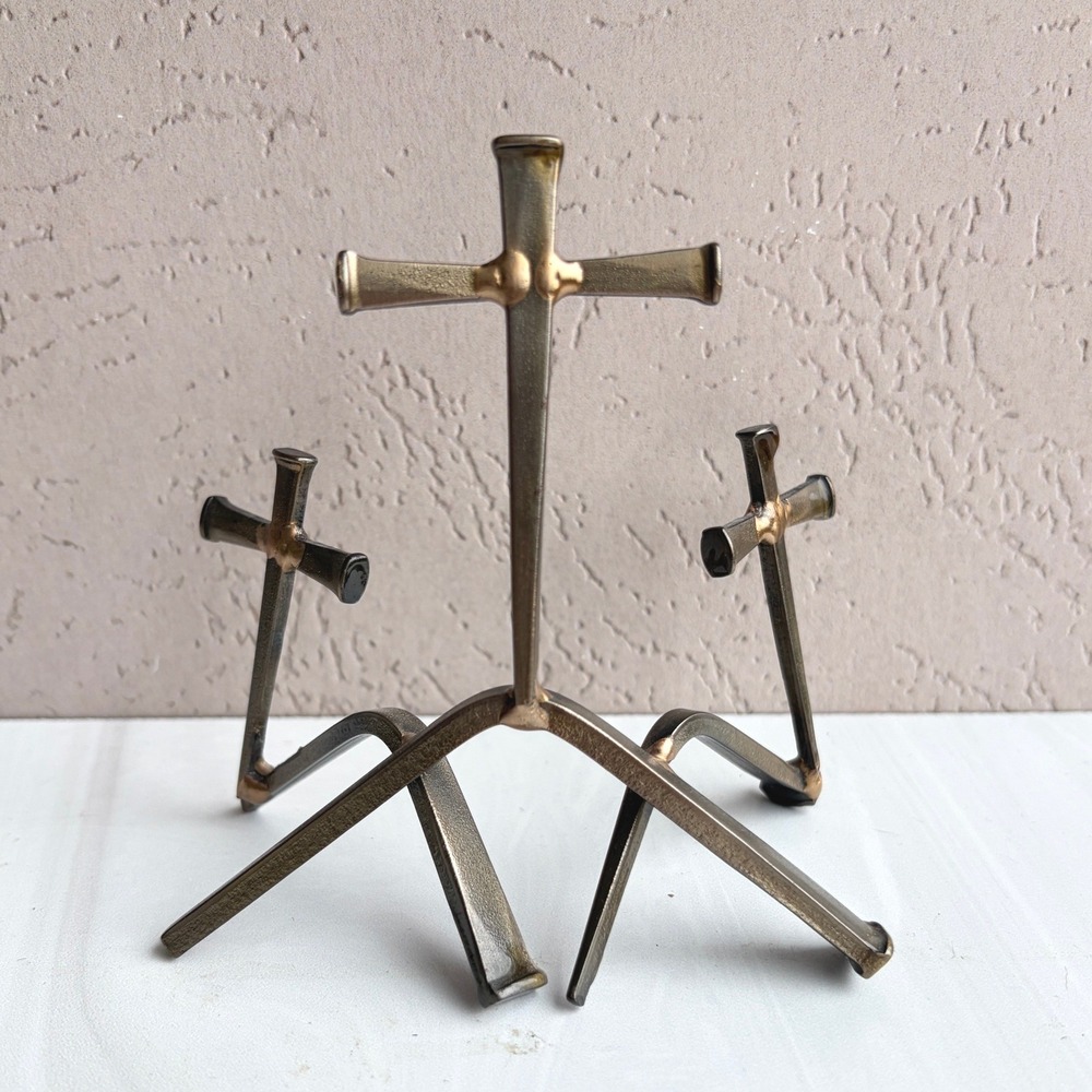 Handmade Horseshoe Nail Three Crosses Calvary Metal Sculpture Religious Decor